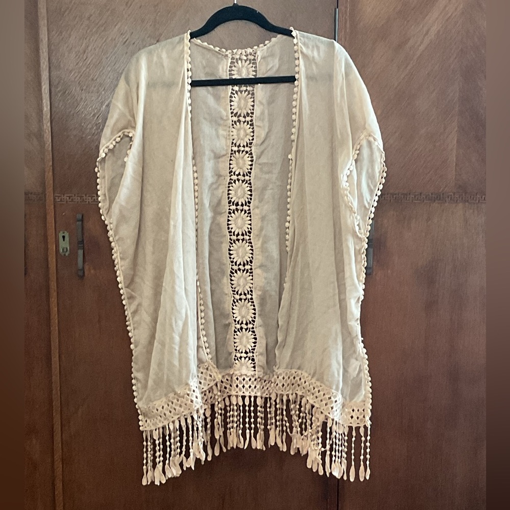 2 chic beige cover up/kimono with fringe. 80% polyester 20% viscose one size